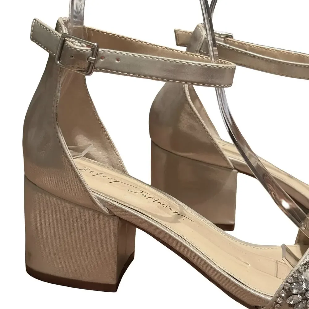 Betsey Johnson Mel Champagne Rhinestone Ankle Strap Block Heel Sandals Shoes 6.5